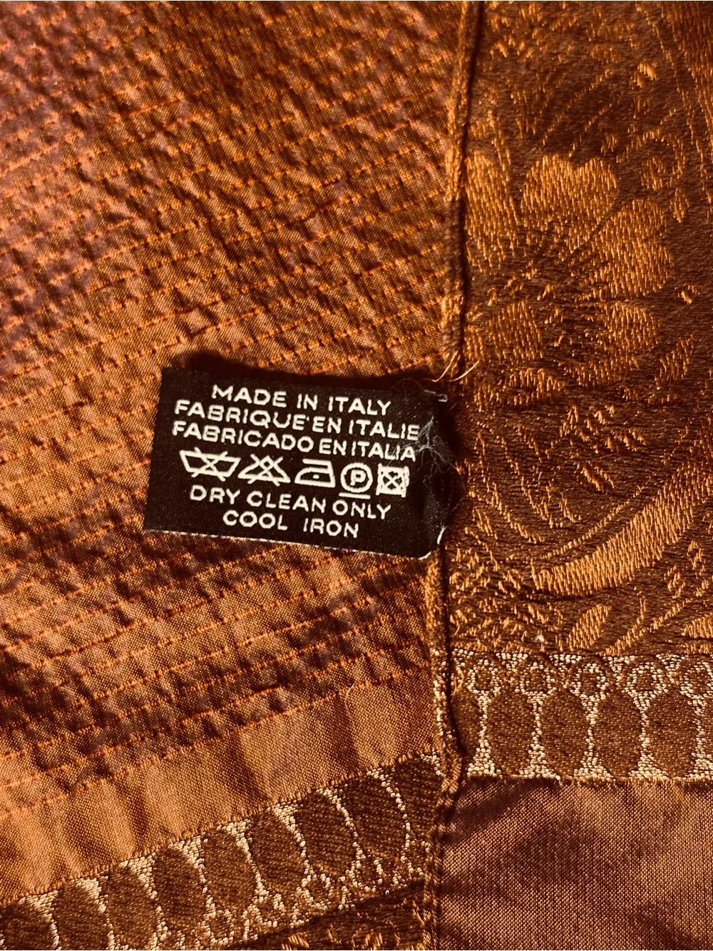 Brown Paisley-Trim Iridescent Sheen Silk, Wool & Viscose Scarf 19” x 56”